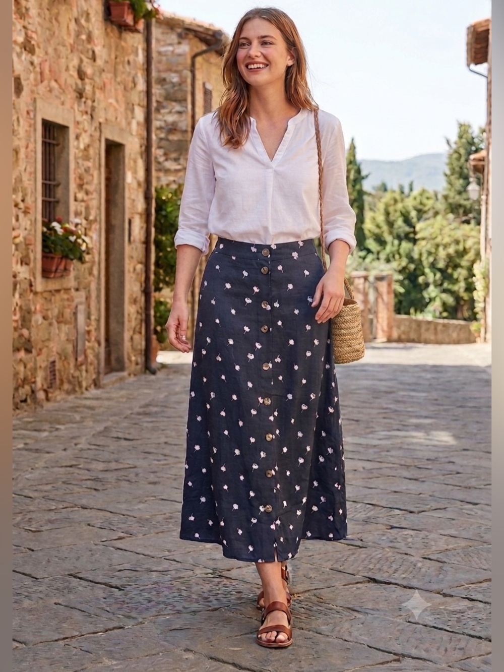 Market & Spruce Navy Floral Button-Front A-Line Maxi Skirt